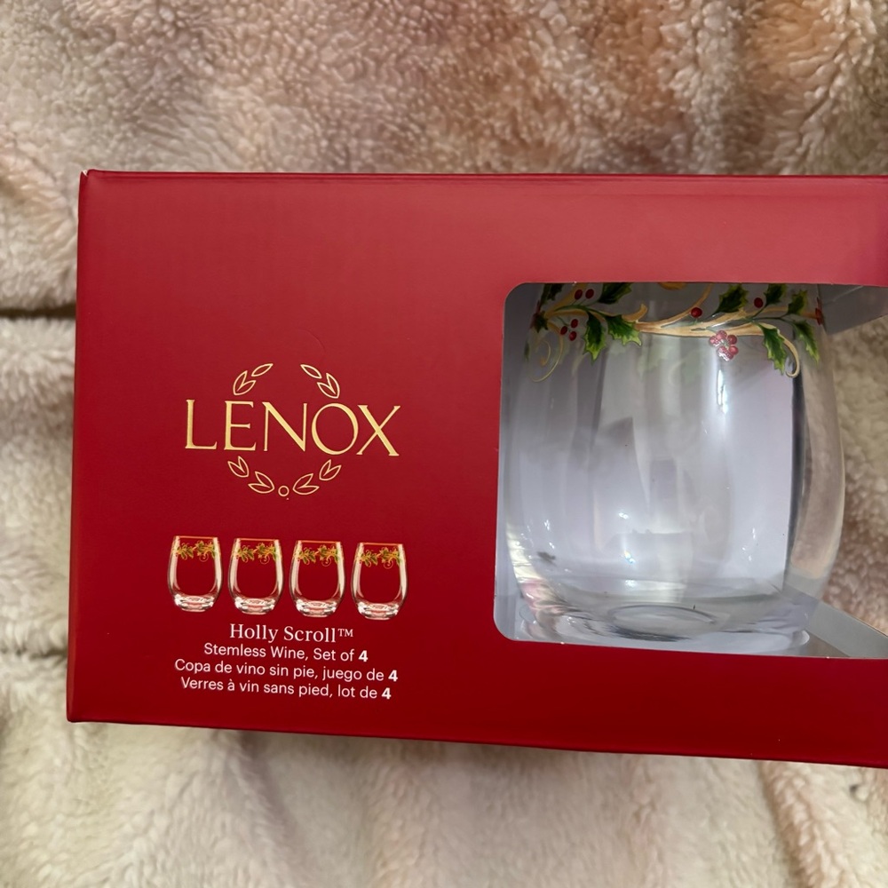 New Lenox Christmas stemless wine glasses.